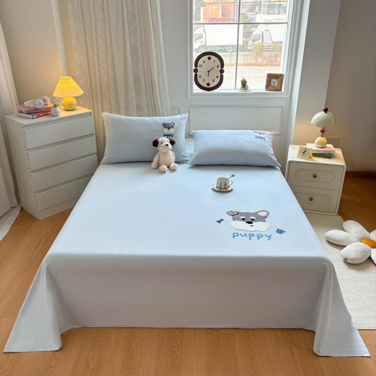 91家纺网 家纺一手货源 找家纺 居眠 2026新款全棉磨毛毛巾绣床单 海盐蓝-狗狗-床单