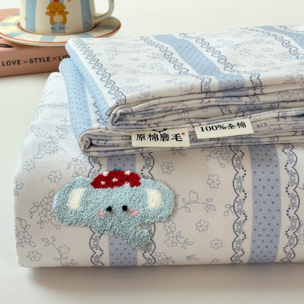 居眠 2026新款全棉磨毛毛巾绣床单 海棠花小象-床单