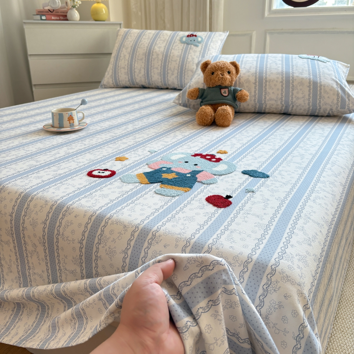 91家纺网 家纺一手货源 找家纺 居眠 2026新款全棉磨毛毛巾绣床单 海棠花小象-床单