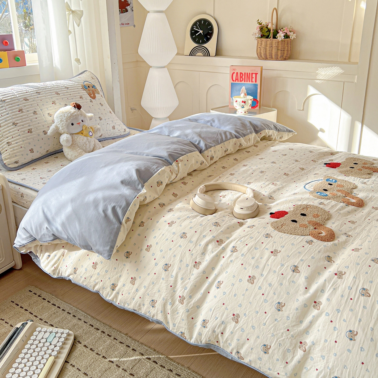 91家纺网 家纺一手货源 找家纺 富米莱（原臻工厂） 2026新款仿棉小清新夹棉毛巾绣四季通用学生薄款床垫床褥三件套一跑量款 可爱小象