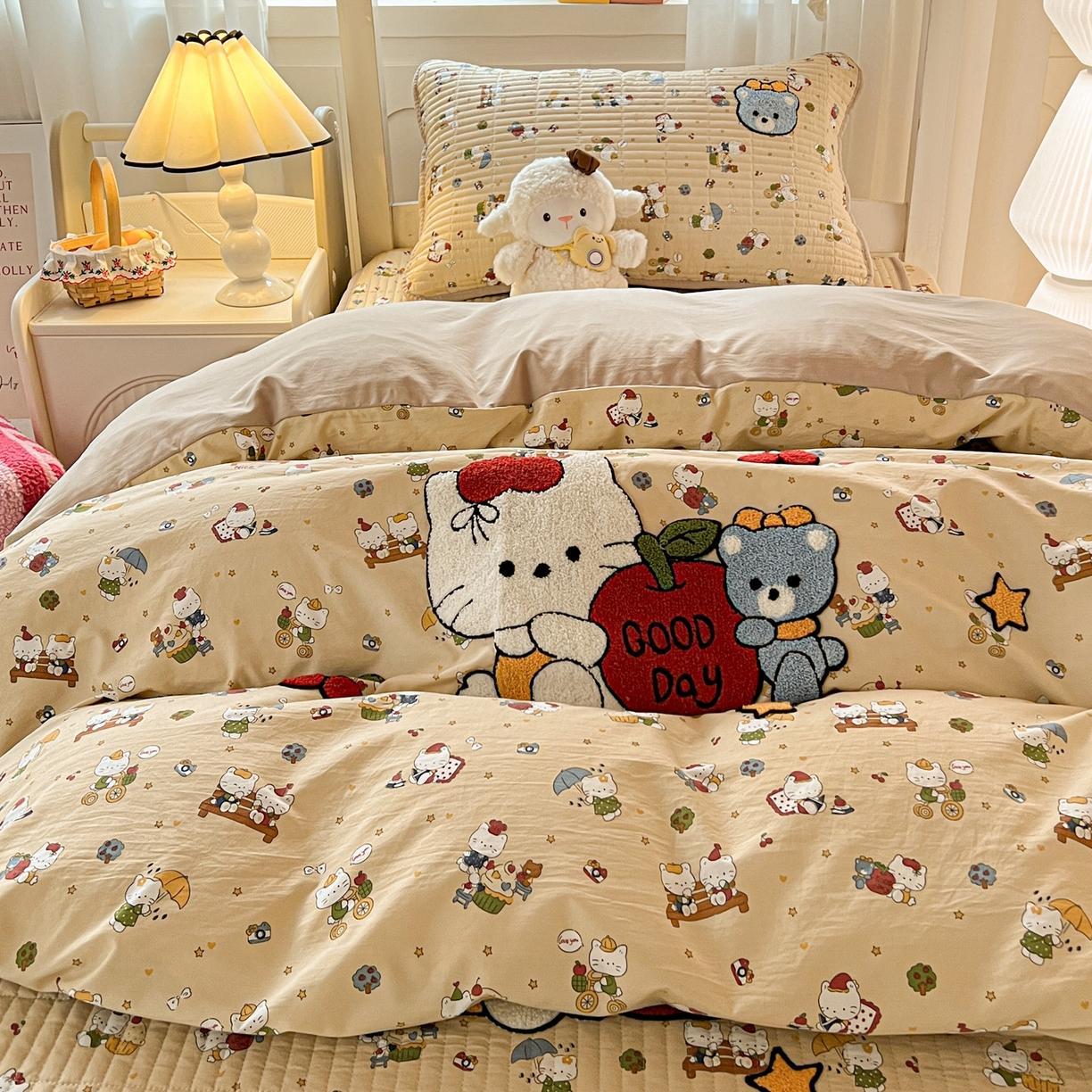 91家纺网 家纺一手货源 找家纺 富米莱（原臻工厂） 2026新款仿棉小清新夹棉毛巾绣四季通用学生薄款床垫床褥三件套一跑量款 梦幻乐园