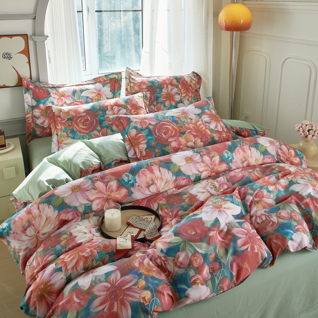 91家纺网 家纺一手货源 找家纺 启航家居 2026新款全棉铂金棉数码印花四件套 塞纳舞曲红