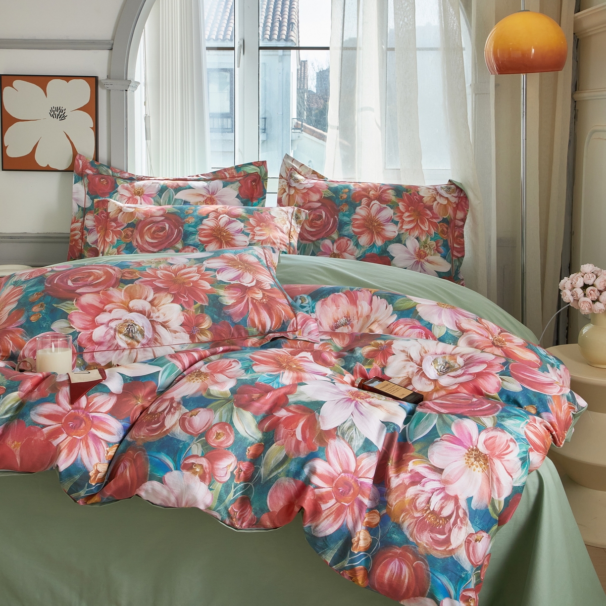 91家纺网 家纺一手货源 找家纺 启航家居 2026新款全棉铂金棉数码印花四件套 塞纳舞曲红