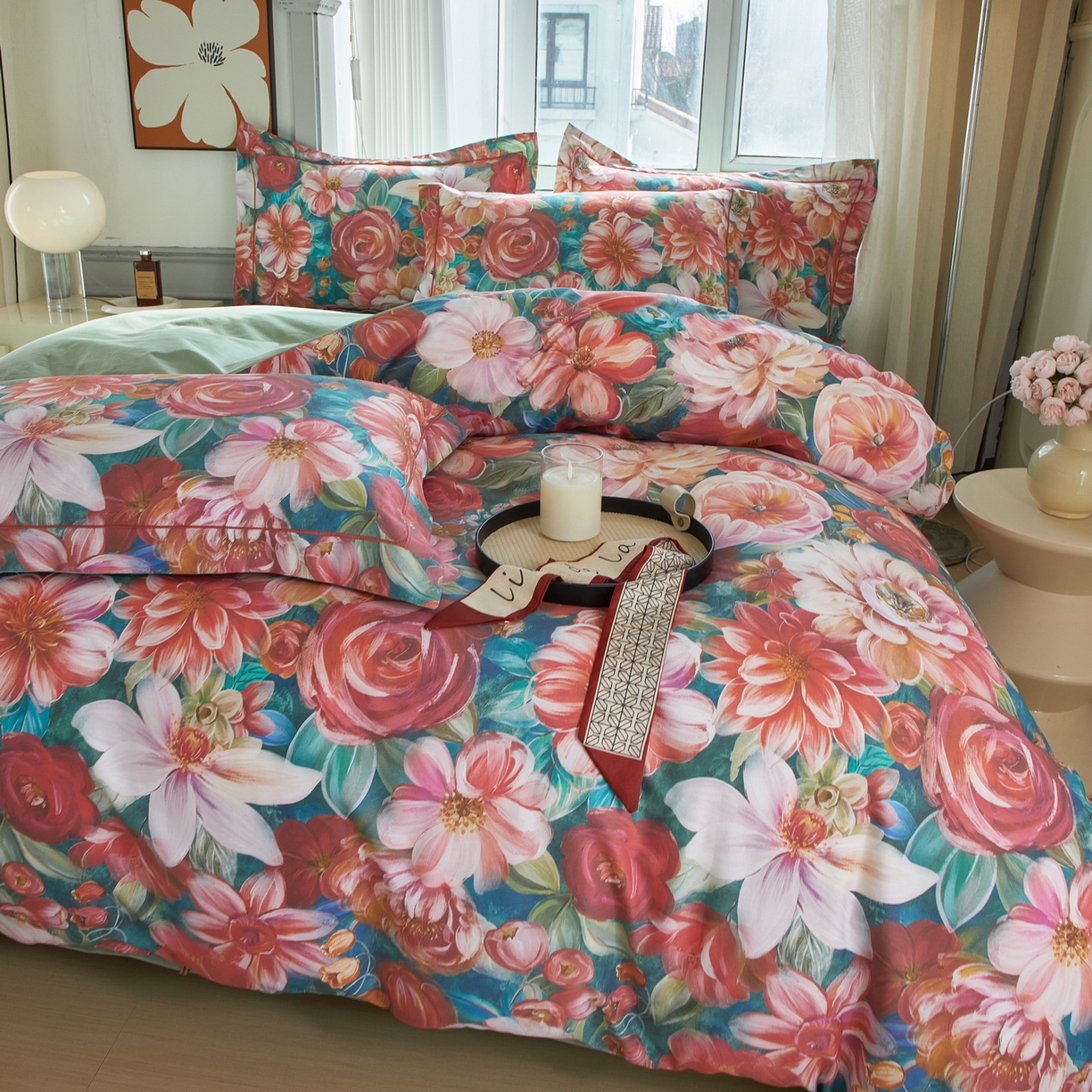 91家纺网 家纺一手货源 找家纺 启航家居 2026新款全棉铂金棉数码印花四件套 塞纳舞曲红