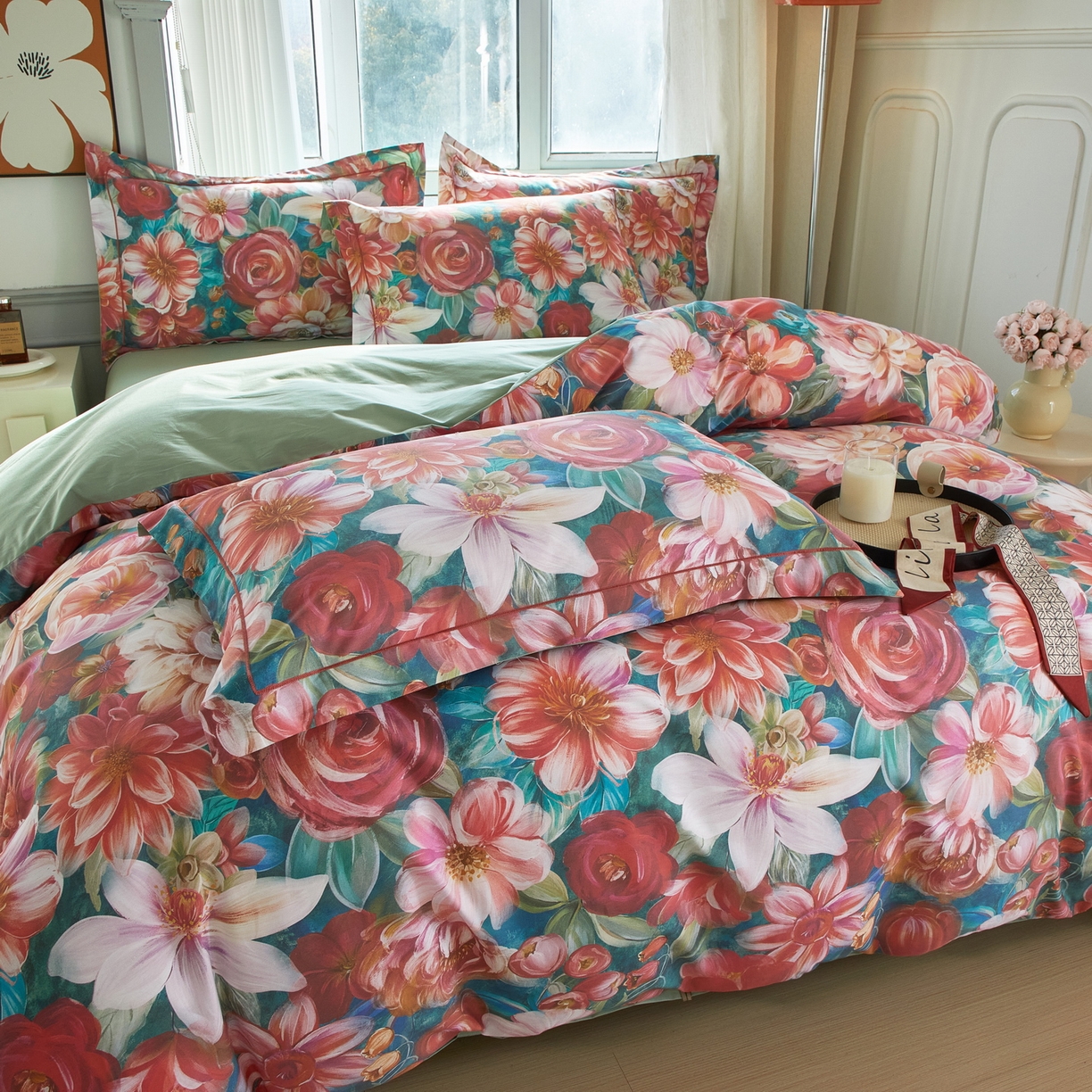 91家纺网 家纺一手货源 找家纺 启航家居 2026新款全棉铂金棉数码印花四件套 塞纳舞曲红