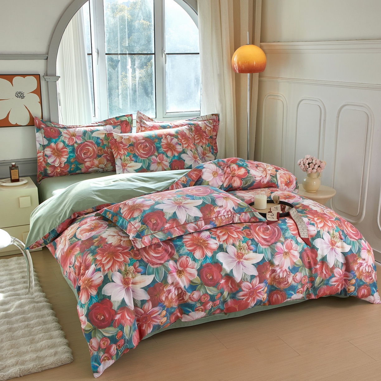 91家纺网 家纺一手货源 找家纺 启航家居 2026新款全棉铂金棉数码印花四件套 塞纳舞曲红