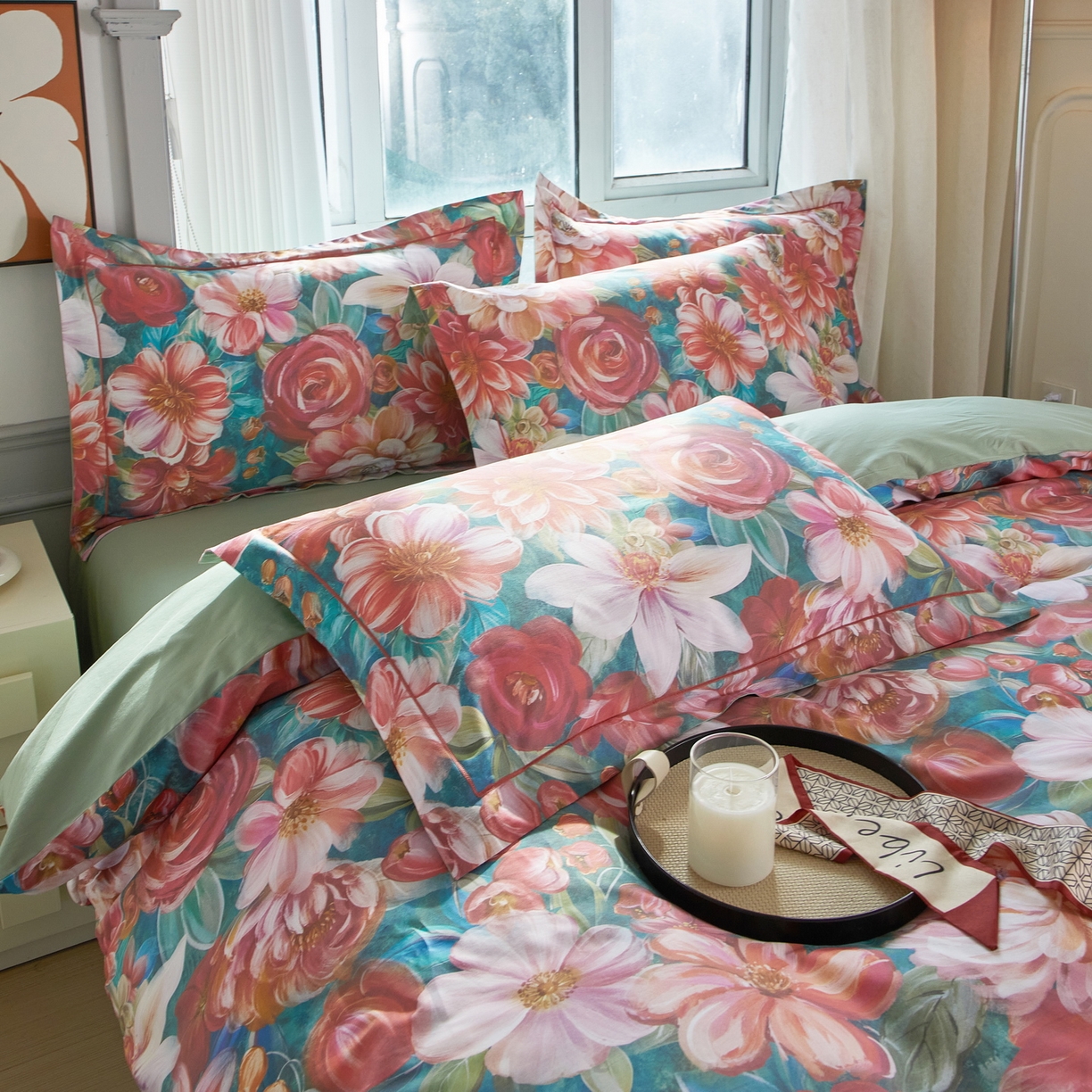 91家纺网 家纺一手货源 找家纺 启航家居 2026新款全棉铂金棉数码印花四件套 塞纳舞曲红