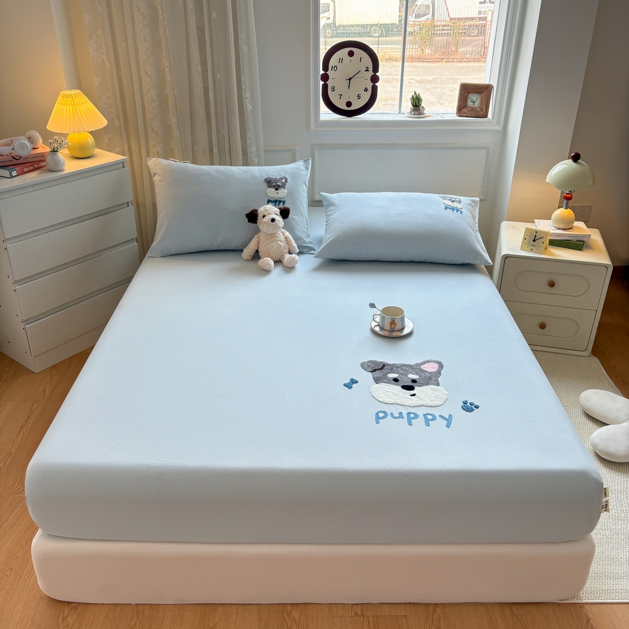 居眠 2026新款全棉磨毛毛巾绣床笠 海盐蓝-狗狗-床笠