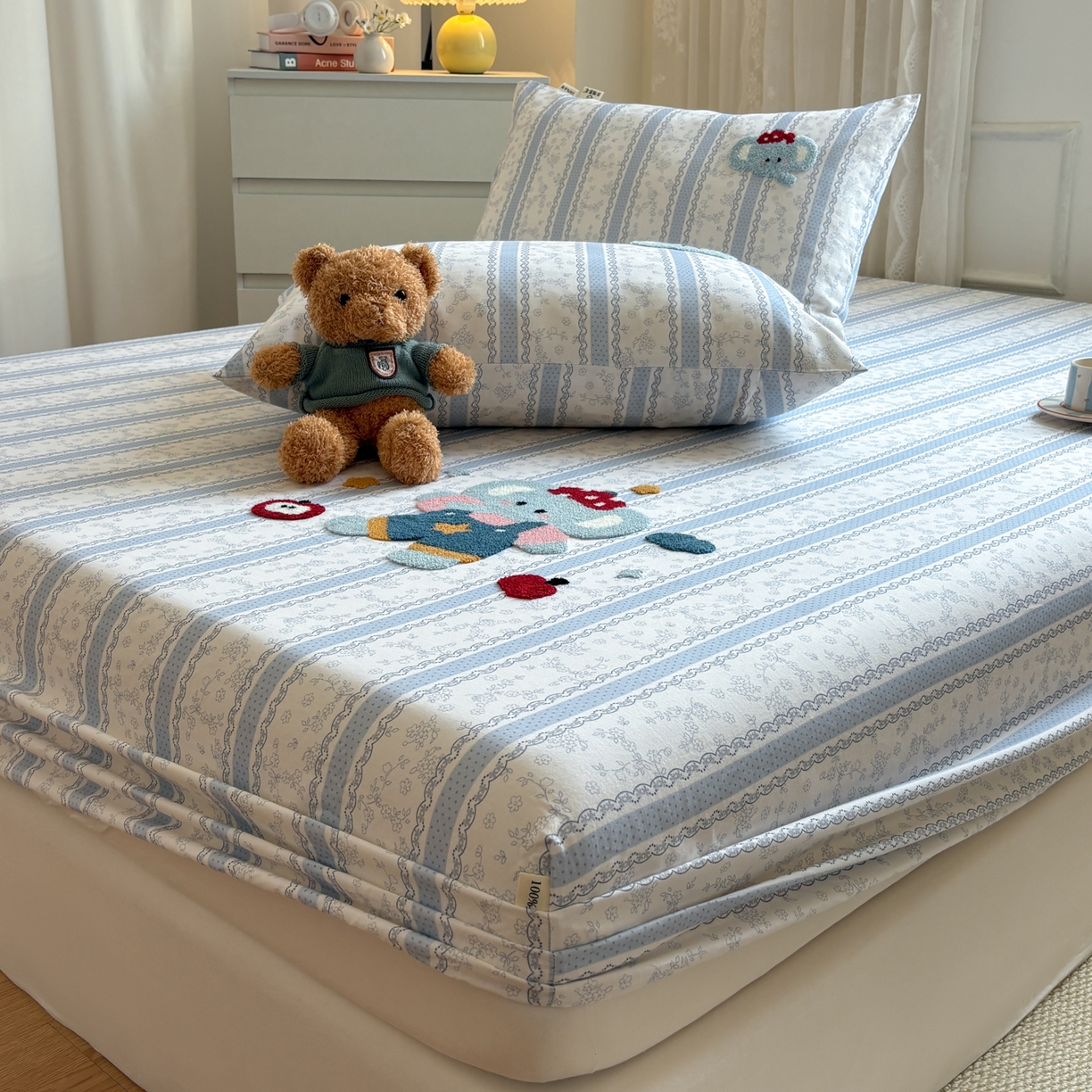 91家纺网 家纺一手货源 找家纺 居眠 2026新款全棉磨毛毛巾绣床笠 海棠花小象-床笠