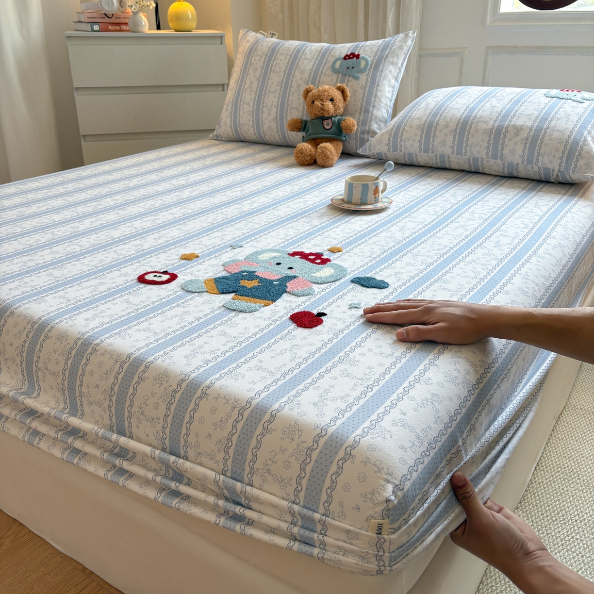 居眠 2026新款全棉磨毛毛巾绣床笠 海棠花小象-床笠