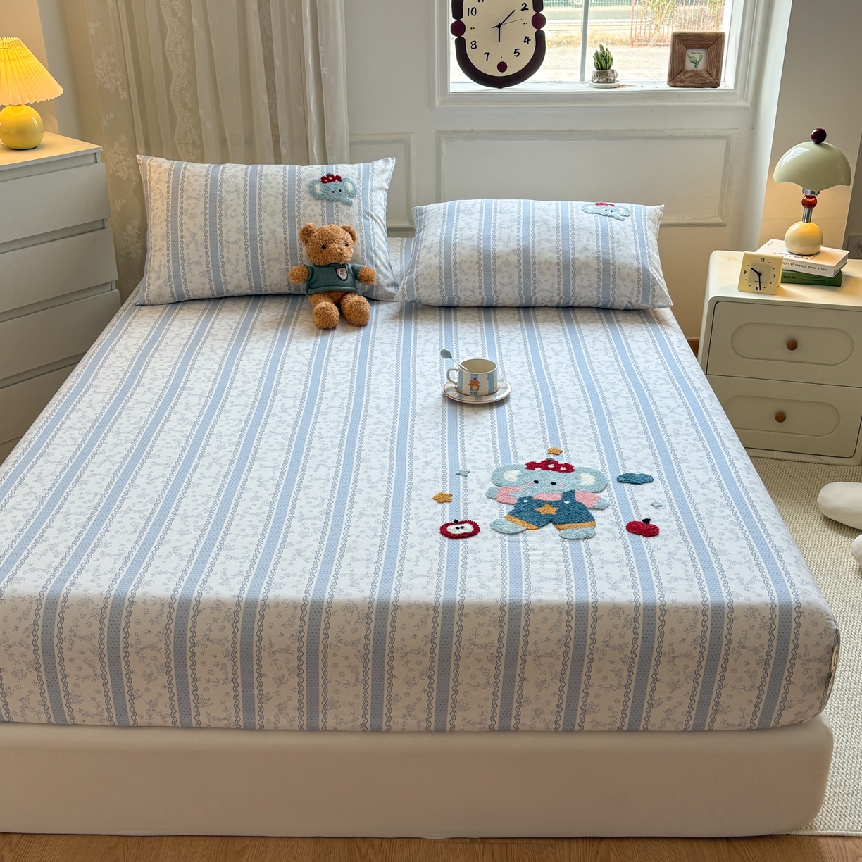 91家纺网 家纺一手货源 找家纺 居眠 2026新款全棉磨毛毛巾绣床笠 海棠花小象-床笠