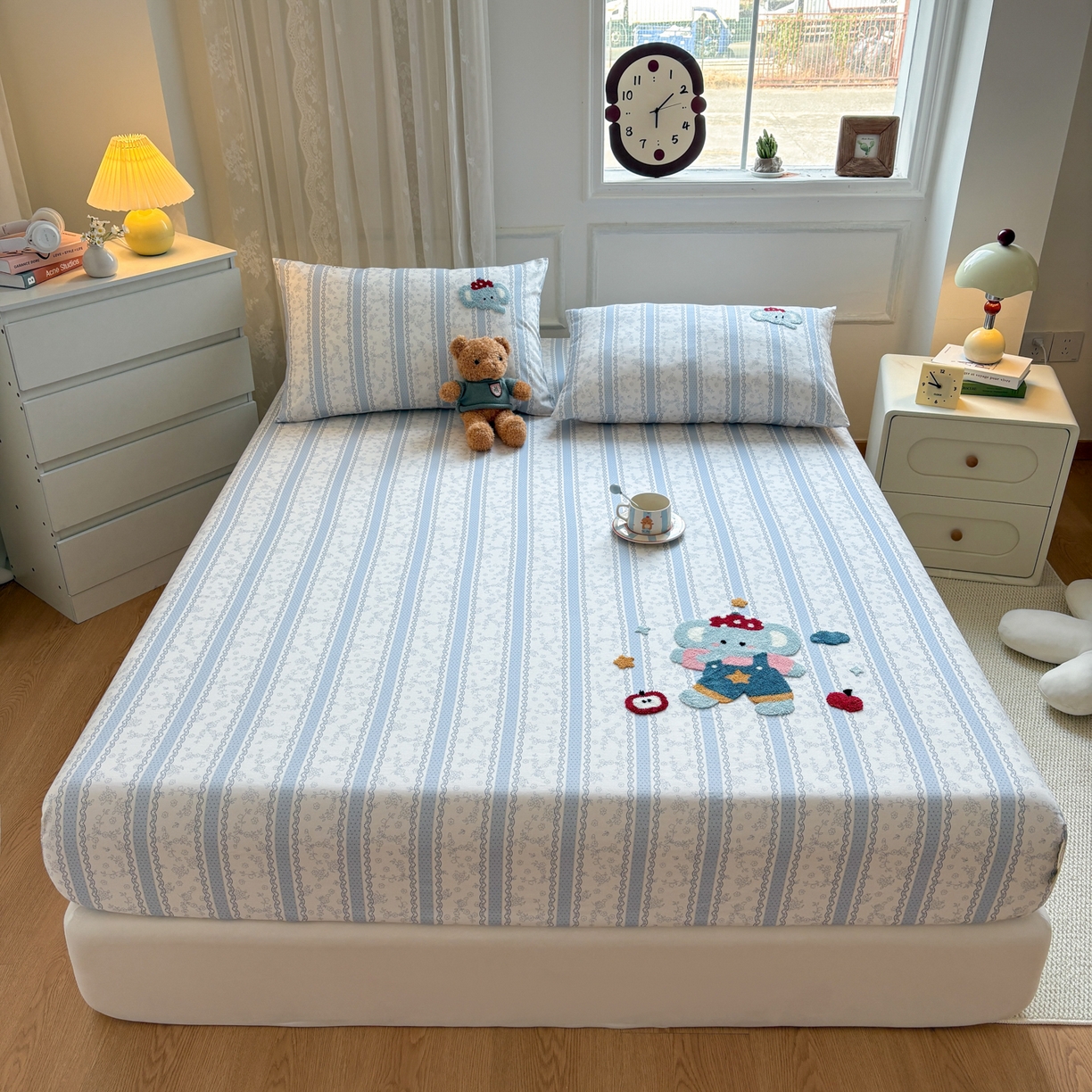 91家纺网 家纺一手货源 找家纺 居眠 2026新款全棉磨毛毛巾绣床笠 海棠花小象-床笠