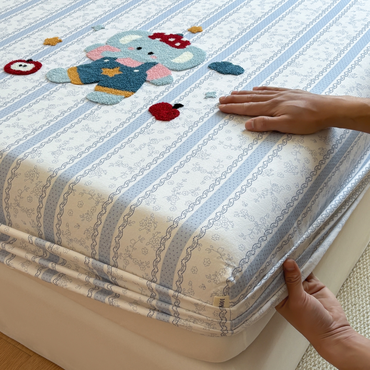 91家纺网 家纺一手货源 找家纺 居眠 2026新款全棉磨毛毛巾绣床笠 海棠花小象-床笠