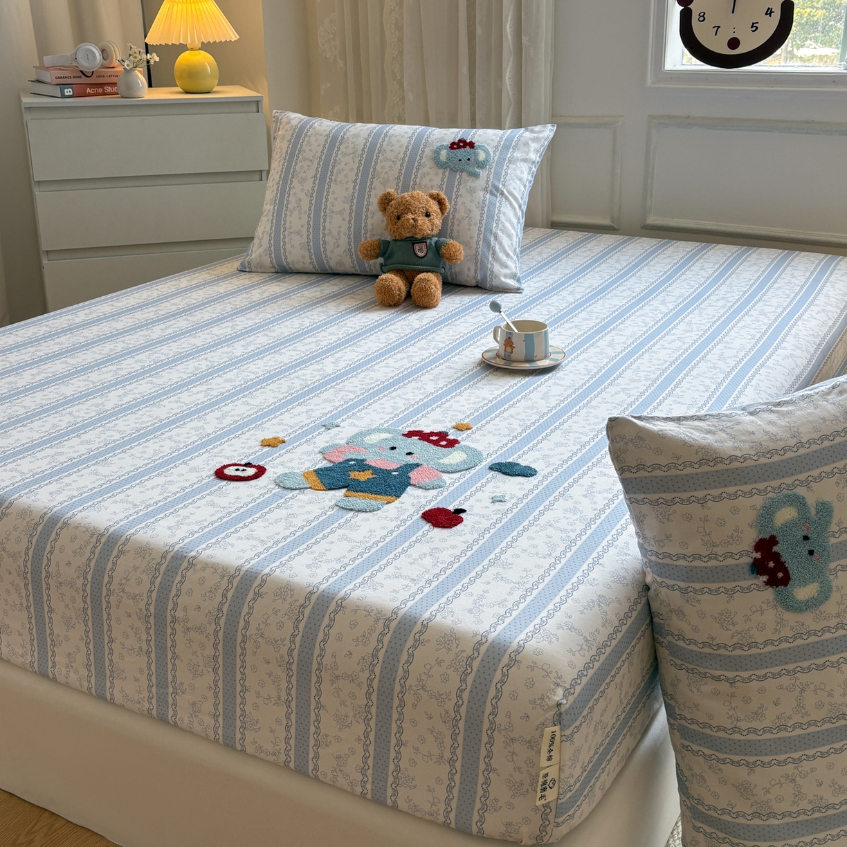 91家纺网 家纺一手货源 找家纺 居眠 2026新款全棉磨毛毛巾绣床笠 海棠花小象-床笠