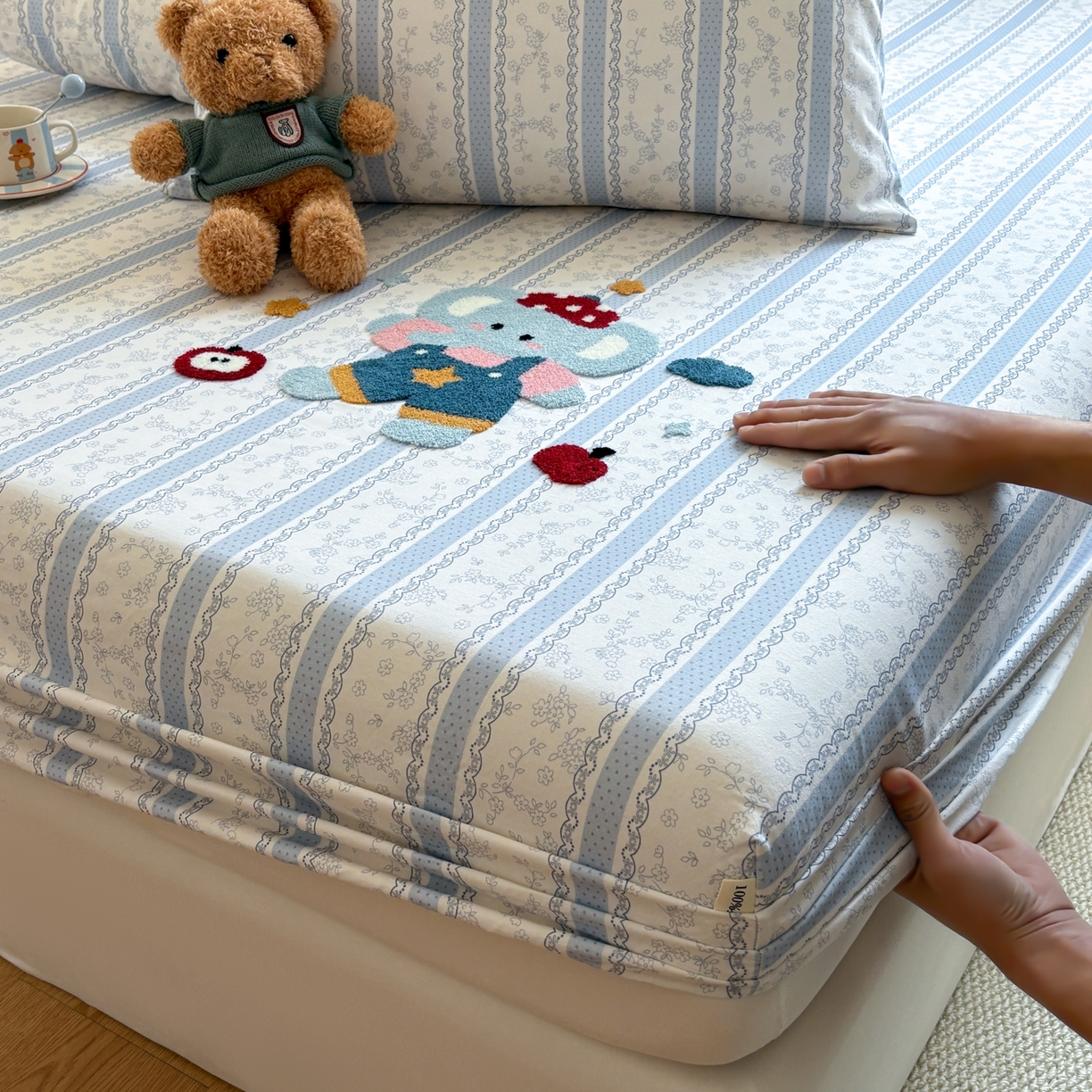 91家纺网 家纺一手货源 找家纺 居眠 2026新款全棉磨毛毛巾绣床笠 海棠花小象-床笠