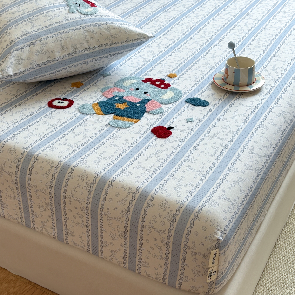 91家纺网 家纺一手货源 找家纺 居眠 2026新款全棉磨毛毛巾绣床笠 海棠花小象-床笠