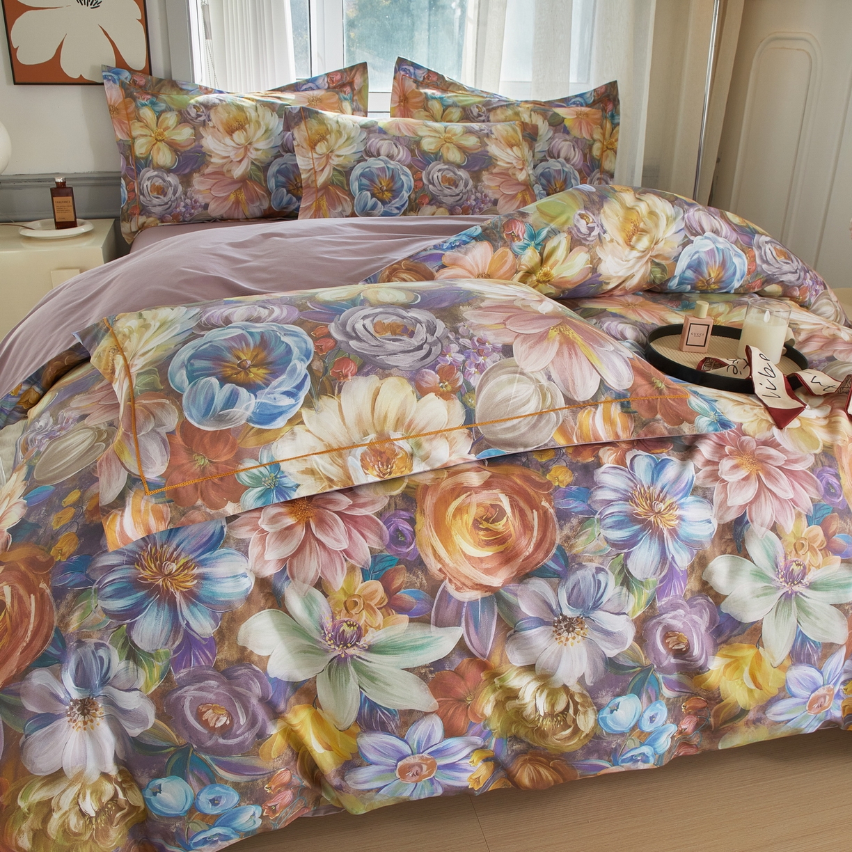 91家纺网 家纺一手货源 找家纺 启航家居 2026新款全棉铂金棉数码印花四件套 塞纳舞曲紫