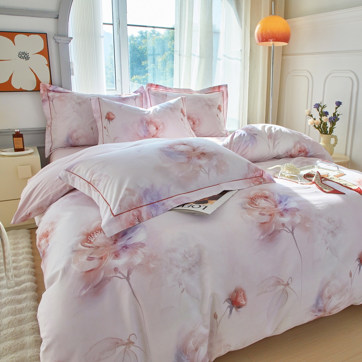 91家纺网 家纺一手货源 找家纺 启航家居 2026新款全棉铂金棉数码印花四件套 诗柔粉