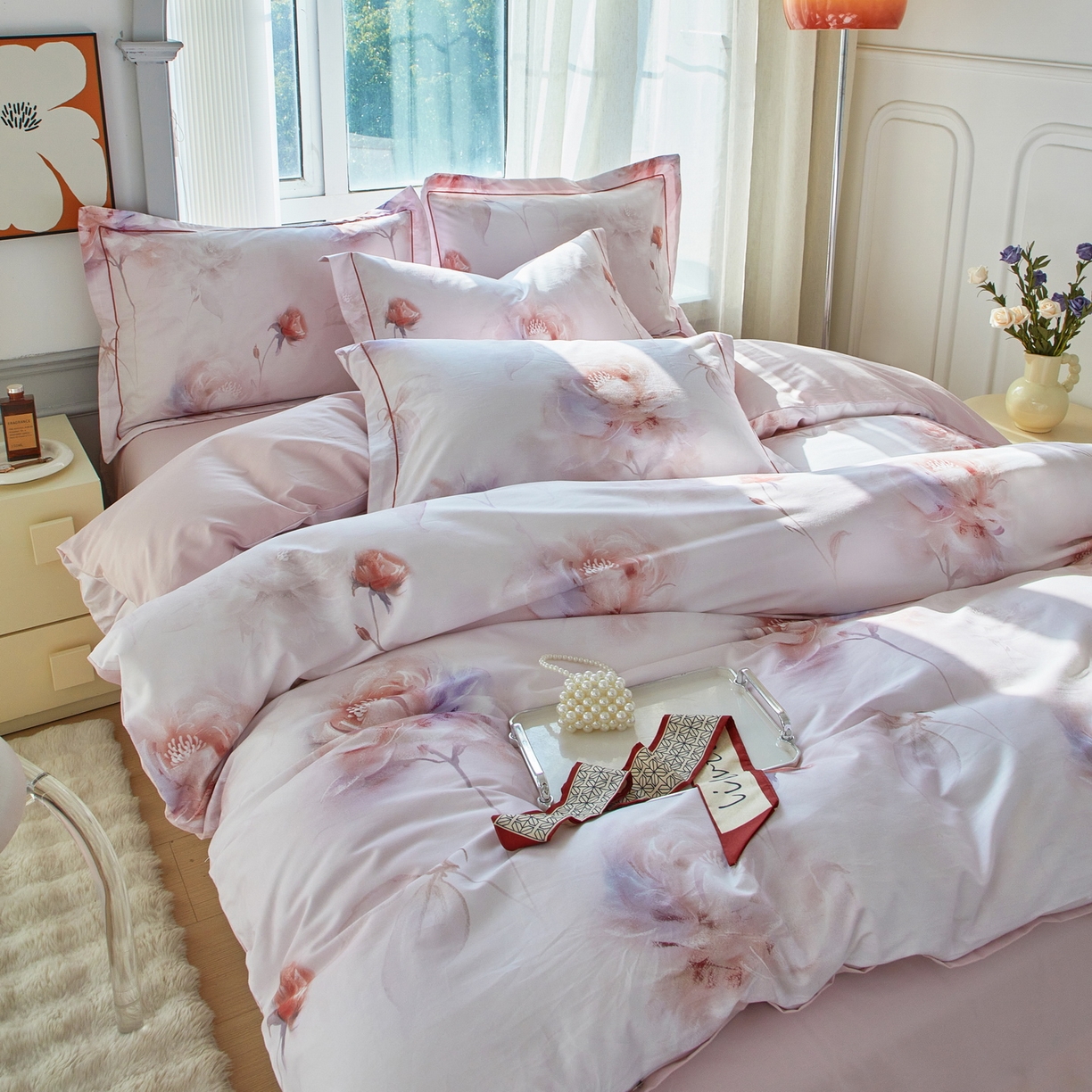 91家纺网 家纺一手货源 找家纺 启航家居 2026新款全棉铂金棉数码印花四件套 诗柔粉