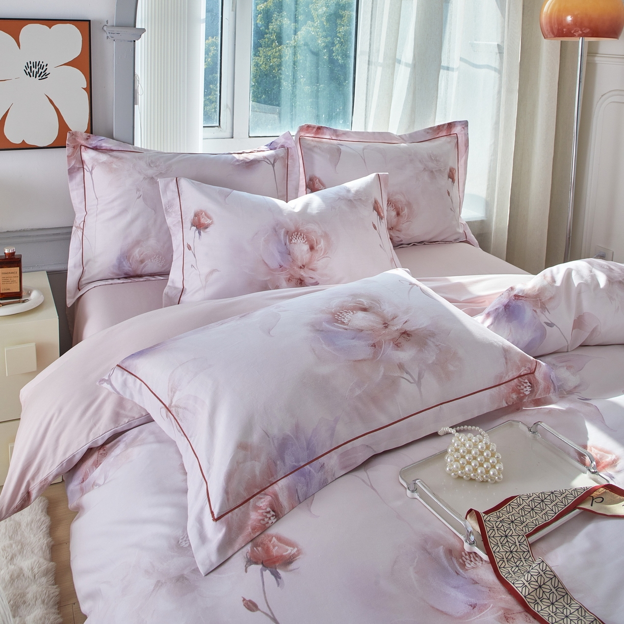 91家纺网 家纺一手货源 找家纺 启航家居 2026新款全棉铂金棉数码印花四件套 诗柔粉