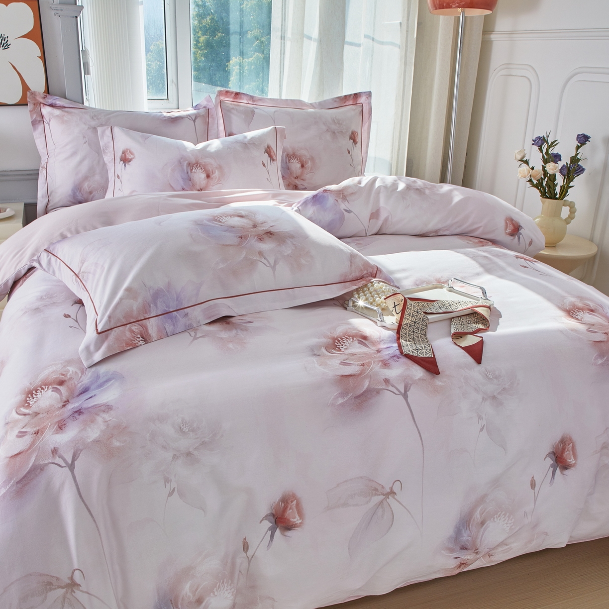 91家纺网 家纺一手货源 找家纺 启航家居 2026新款全棉铂金棉数码印花四件套 诗柔粉