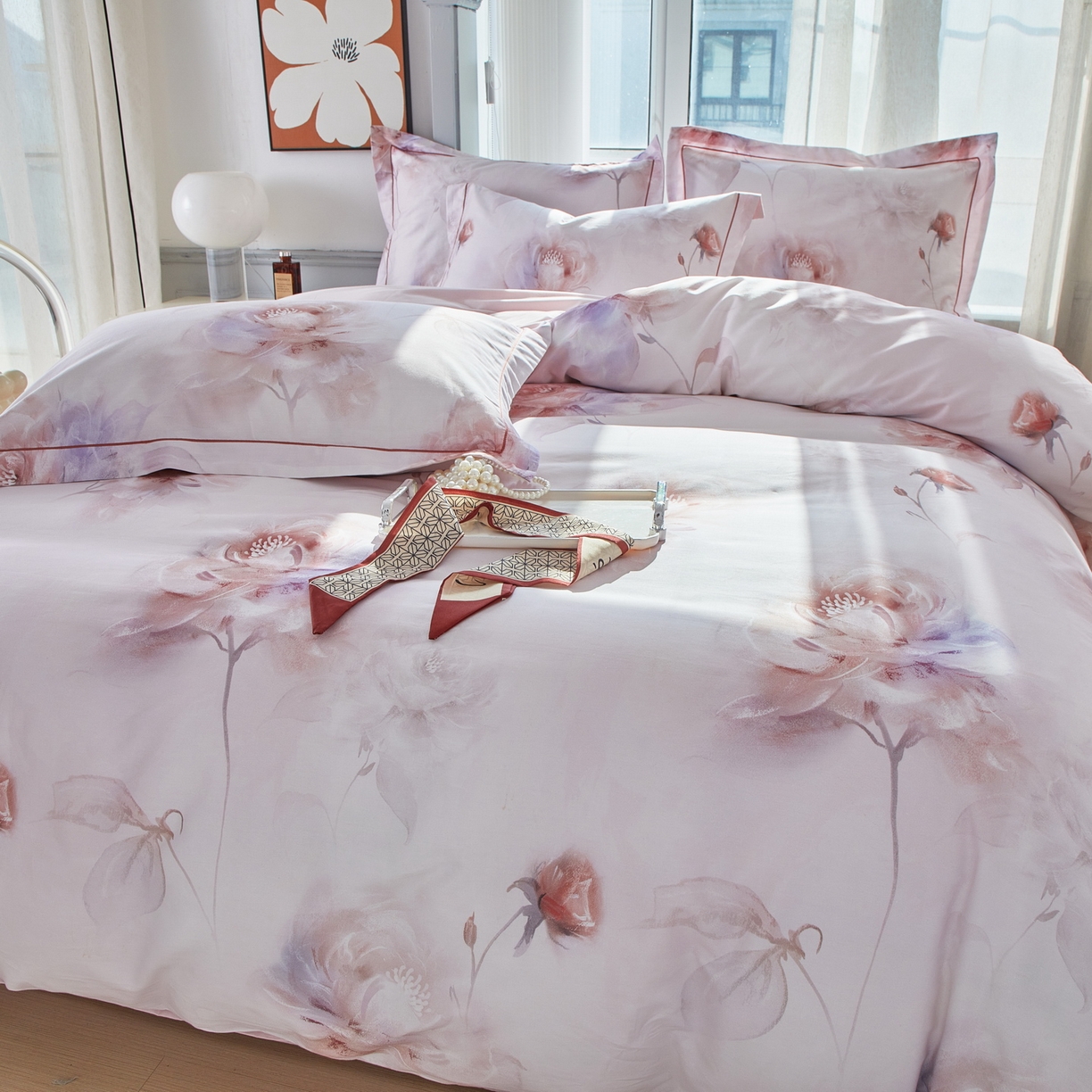 91家纺网 家纺一手货源 找家纺 启航家居 2026新款全棉铂金棉数码印花四件套 诗柔粉