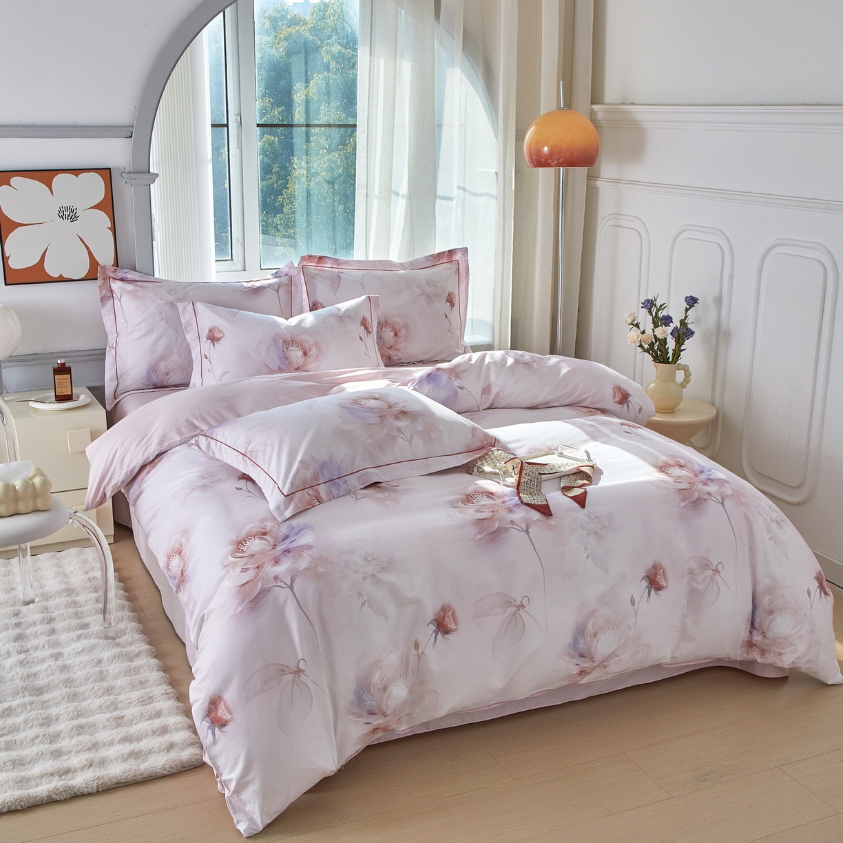 91家纺网 家纺一手货源 找家纺 启航家居 2026新款全棉铂金棉数码印花四件套 诗柔粉