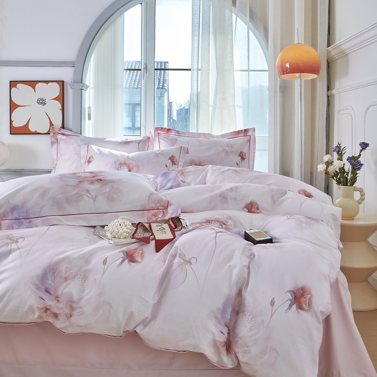 91家纺网 家纺一手货源 找家纺 启航家居 2026新款全棉铂金棉数码印花四件套 诗柔粉