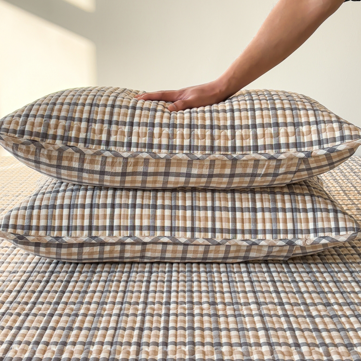 91家纺网 家纺一手货源 找家纺 居眠 2026新款全棉色织水洗棉格子夹棉棉花枕套 夹棉款-印月灰