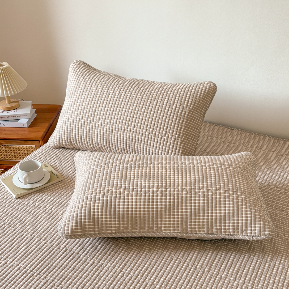 居眠 2026新款全棉色织水洗棉格子夹棉棉花枕套 夹棉款-米细条