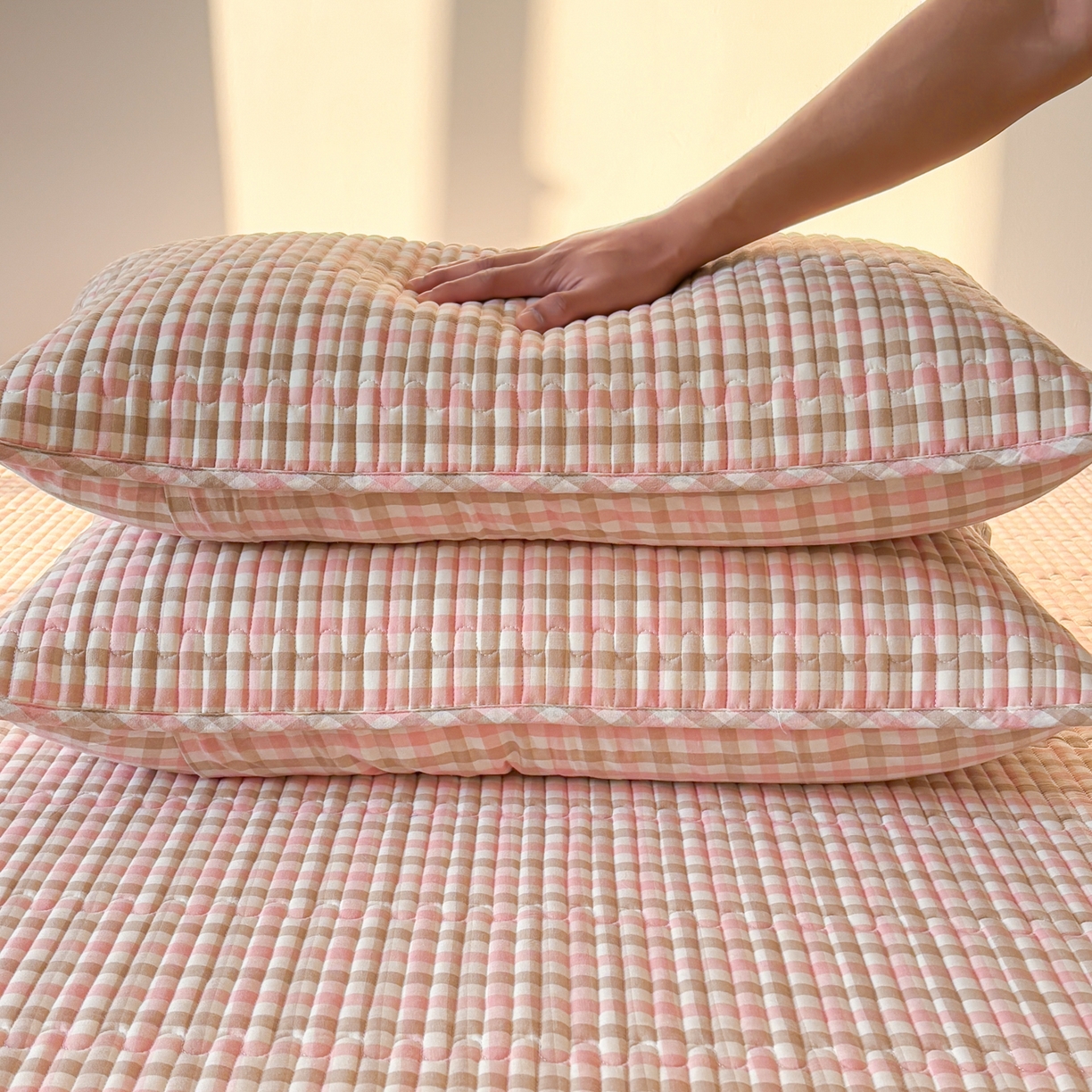 91家纺网 家纺一手货源 找家纺 居眠 2026新款全棉色织水洗棉格子夹棉棉花枕套 夹棉款-印月粉