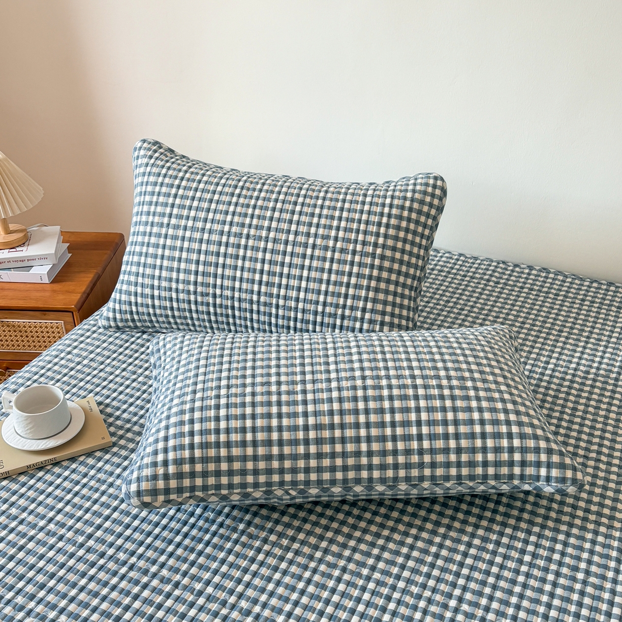 91家纺网 家纺一手货源 找家纺 居眠 2026新款全棉色织水洗棉格子夹棉棉花枕套 夹棉款-水兰小格