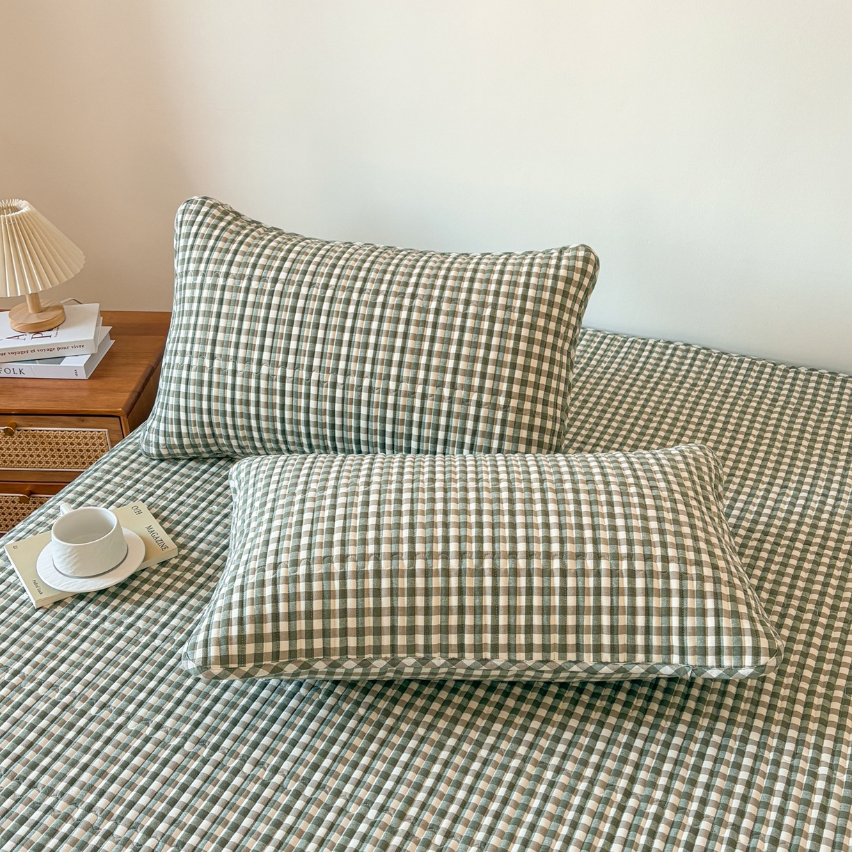 91家纺网 家纺一手货源 找家纺 居眠 2026新款全棉色织水洗棉格子夹棉棉花枕套 夹棉款-绿小格