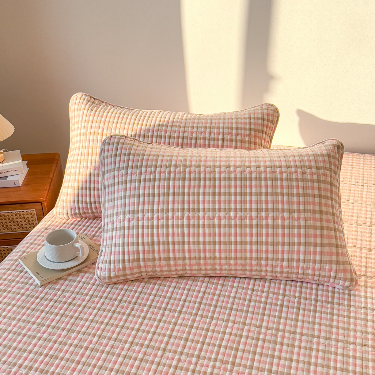 居眠 2026新款全棉色织水洗棉格子夹棉棉花枕套 夹棉款-印月粉