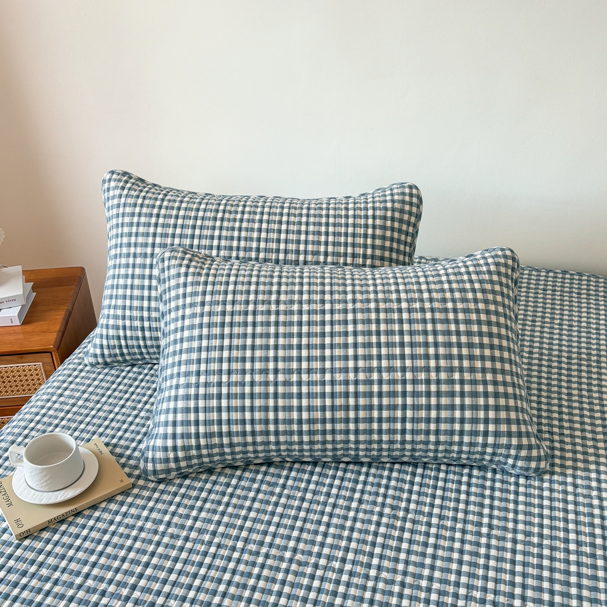 居眠 2026新款全棉色织水洗棉格子夹棉棉花枕套 夹棉款-水兰小格