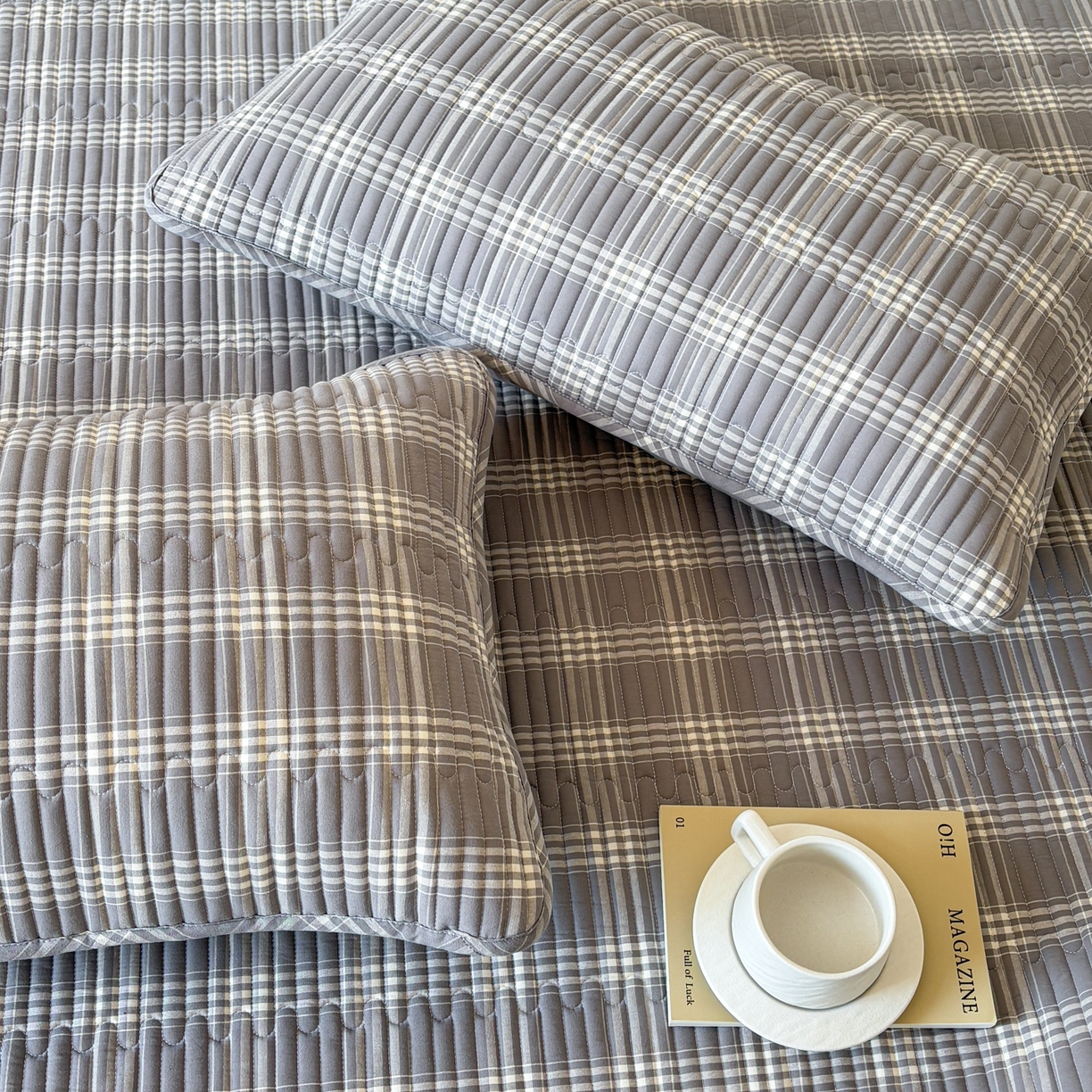 91家纺网 家纺一手货源 找家纺 居眠 2026新款全棉色织水洗棉格子夹棉棉花枕套 夹棉款-马丁灰