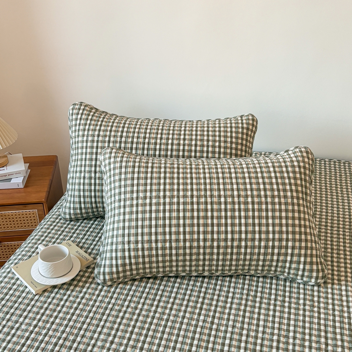 居眠 2026新款全棉色织水洗棉格子夹棉棉花枕套 夹棉款-绿小格