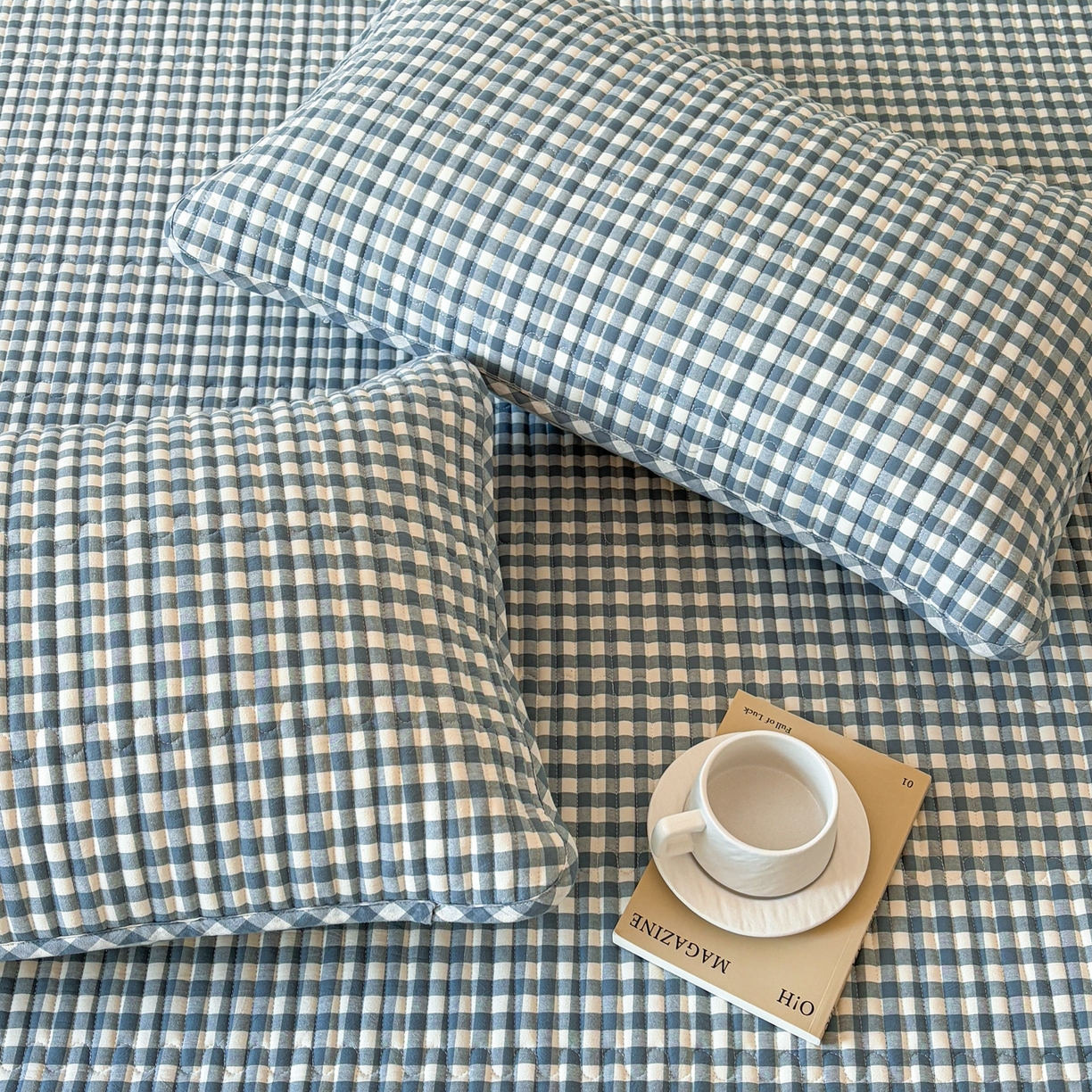 91家纺网 家纺一手货源 找家纺 居眠 2026新款全棉色织水洗棉格子夹棉棉花枕套 夹棉款-水兰小格