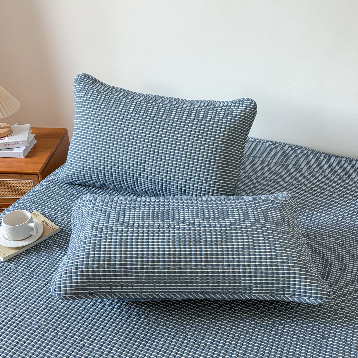居眠 2026新款全棉色织水洗棉格子夹棉棉花枕套 夹棉款-蓝细条