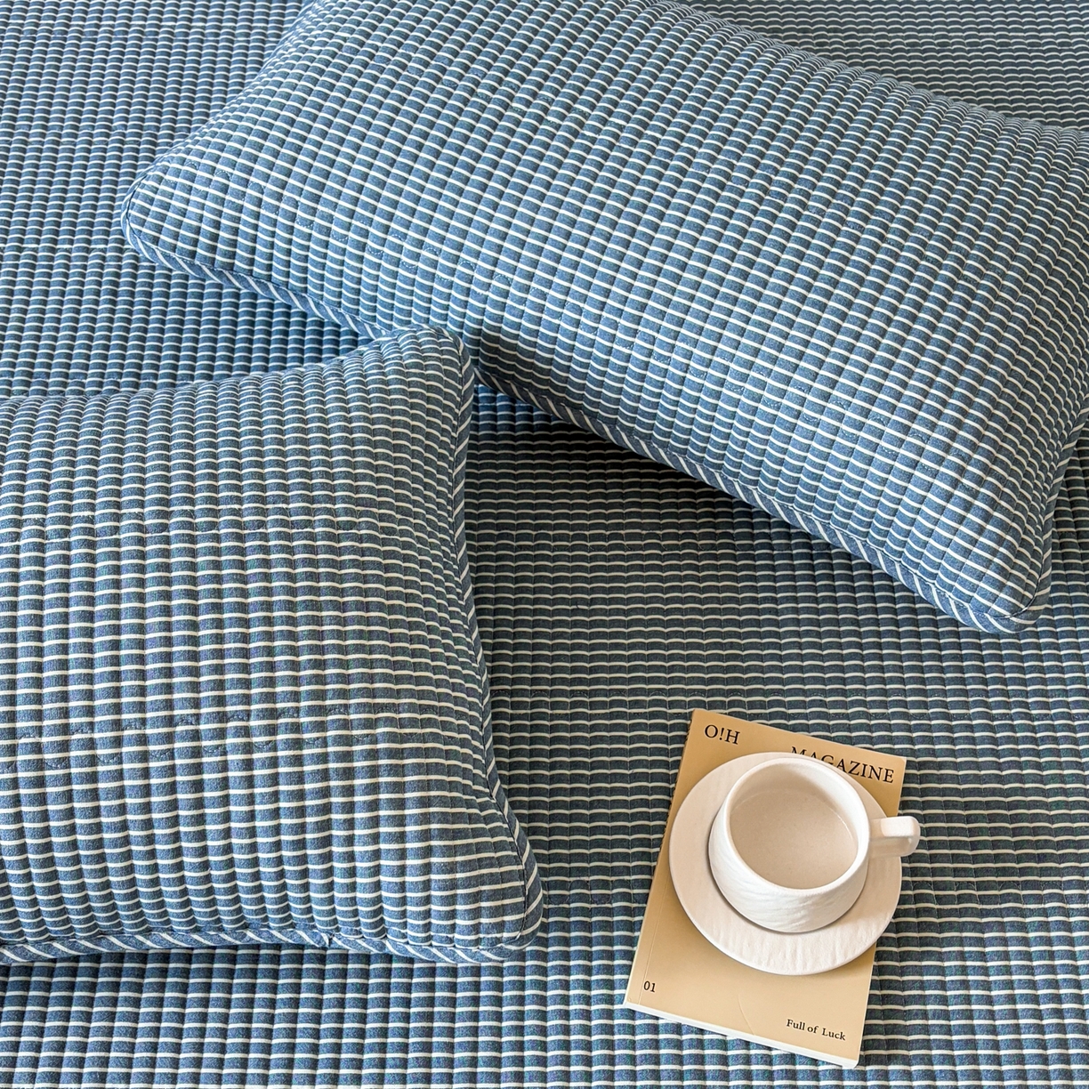91家纺网 家纺一手货源 找家纺 居眠 2026新款全棉色织水洗棉格子夹棉棉花枕套 夹棉款-蓝细条