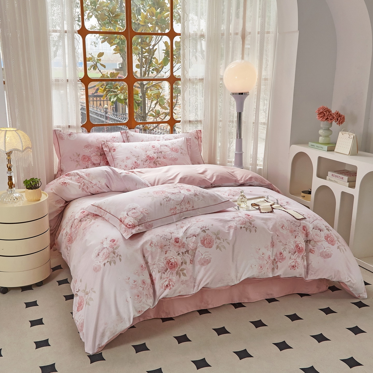 91家纺网 家纺一手货源 找家纺 启航家居 2026新款全棉铂金棉数码印花四件套 疏影微香粉