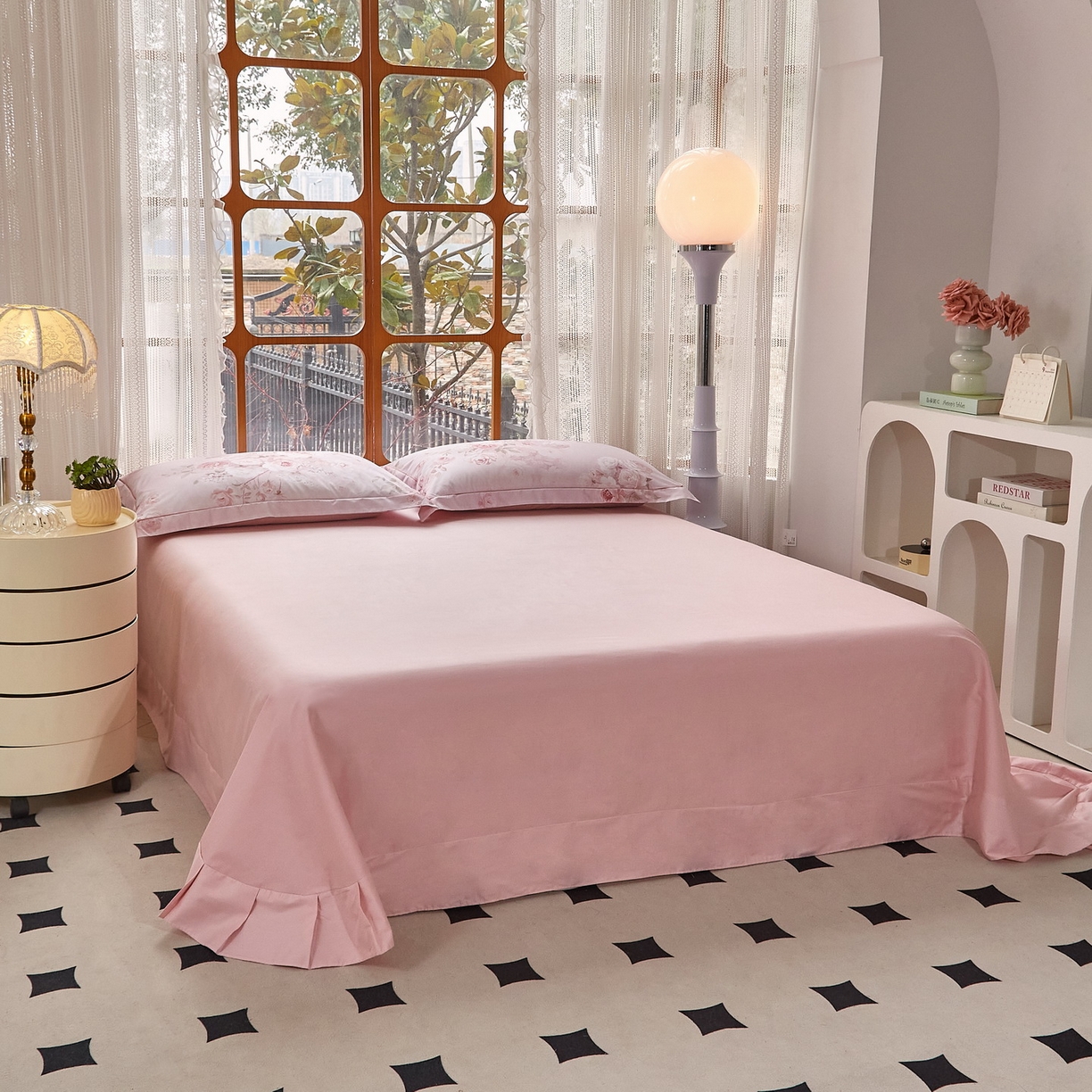 91家纺网 家纺一手货源 找家纺 启航家居 2026新款全棉铂金棉数码印花四件套 疏影微香粉