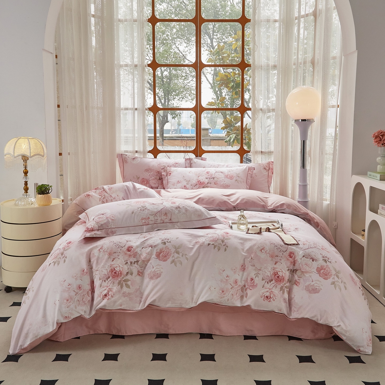 91家纺网 家纺一手货源 找家纺 启航家居 2026新款全棉铂金棉数码印花四件套 疏影微香粉