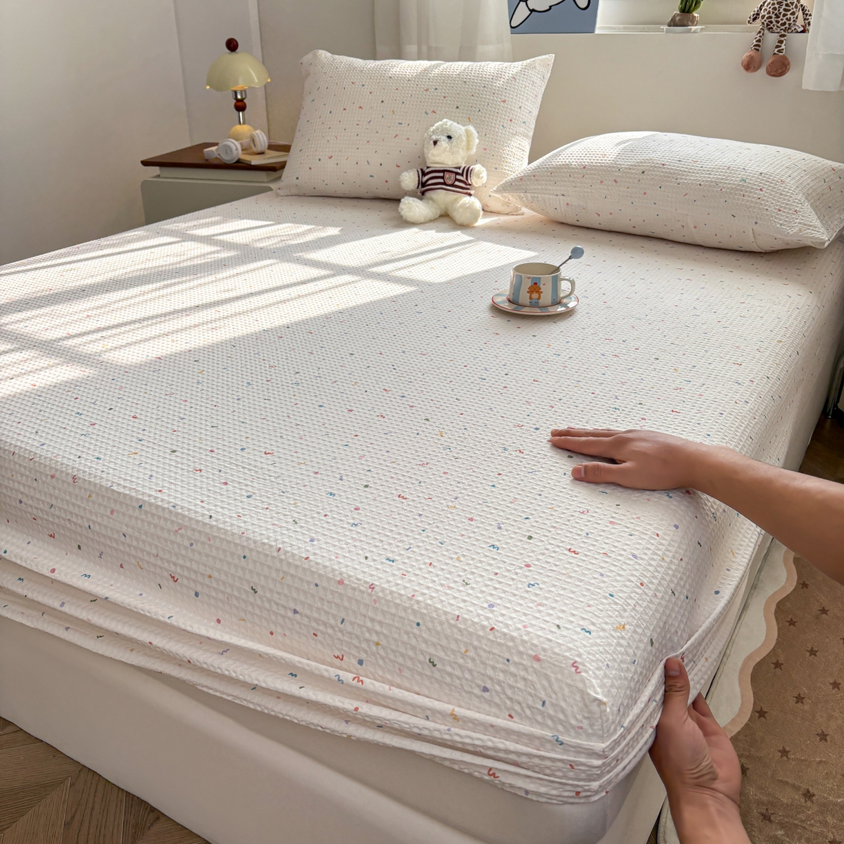 91家纺网 家纺一手货源 找家纺 （总）居眠 2026新款全棉印花华夫格床笠,彩带条,花眠,条纹粉,细灰条,小斑点,小樱桃,樱桃小象,月亮星星,组合叠拍图