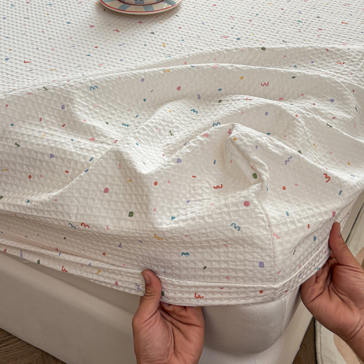 91家纺网 家纺一手货源 找家纺 居眠 2026新款全棉印花华夫格床笠 彩带条