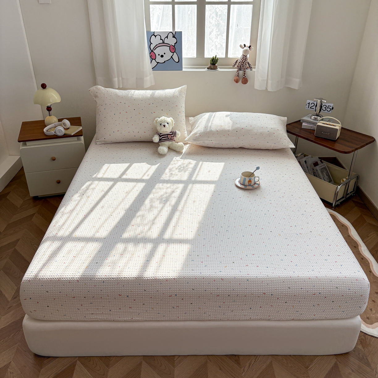 91家纺网 家纺一手货源 找家纺 居眠 2026新款全棉印花华夫格床笠 彩带条