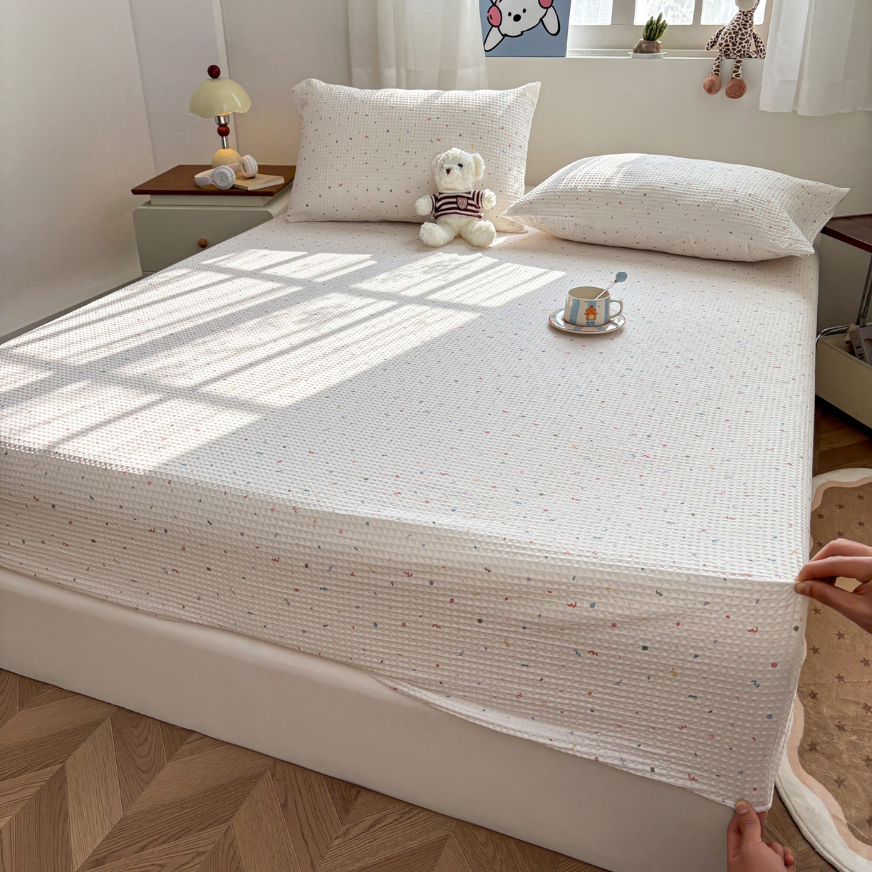 91家纺网 家纺一手货源 找家纺 居眠 2026新款全棉印花华夫格床笠 彩带条