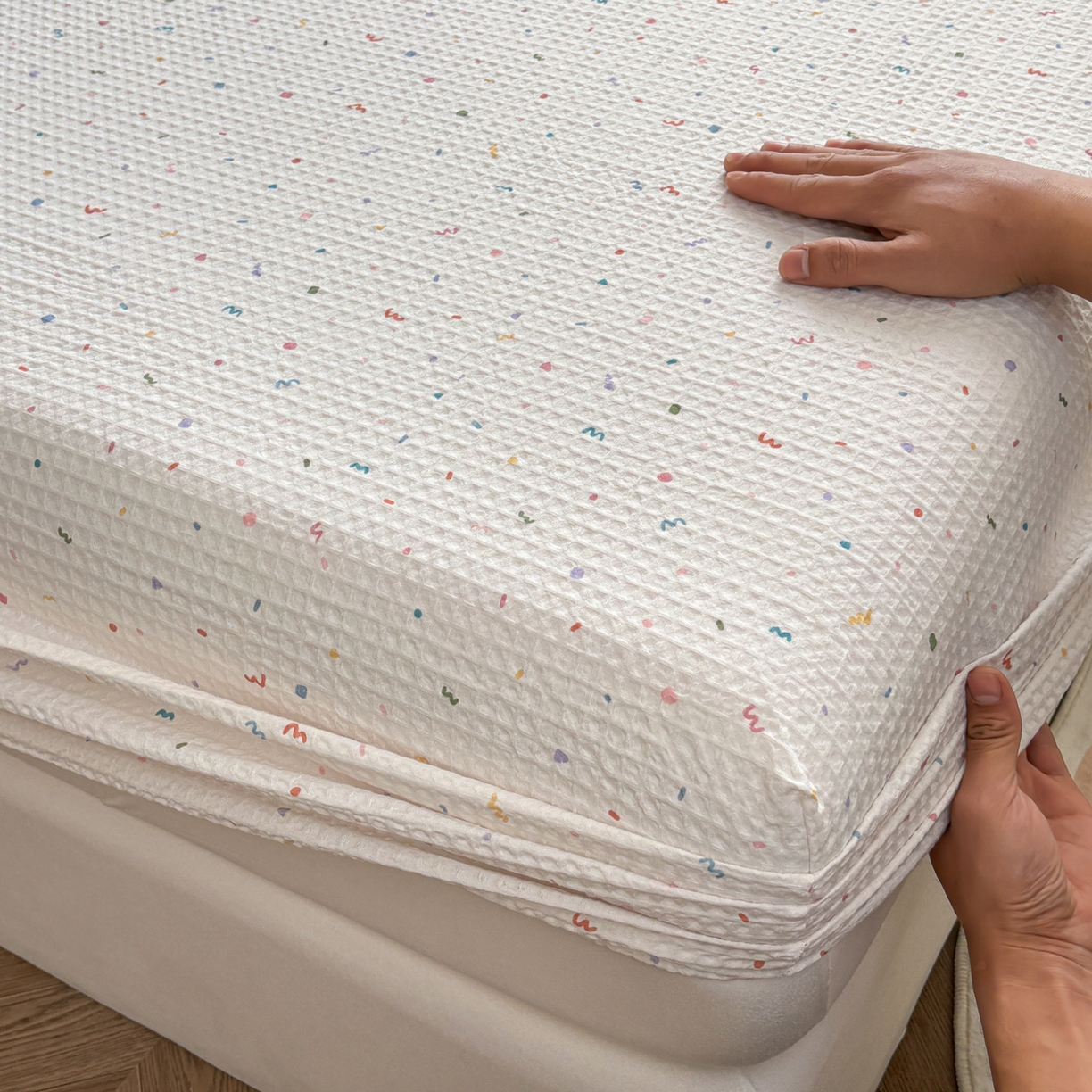 91家纺网 家纺一手货源 找家纺 居眠 2026新款全棉印花华夫格床笠 彩带条