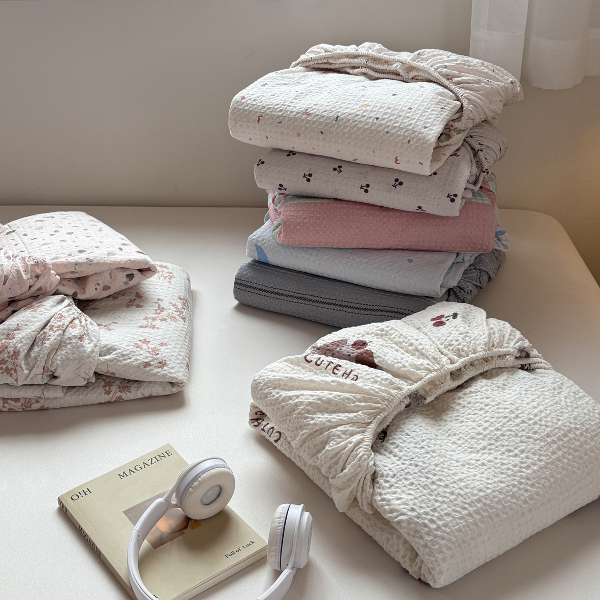 91家纺网 家纺一手货源 找家纺 居眠 2026新款全棉印花华夫格床笠 组合叠拍图