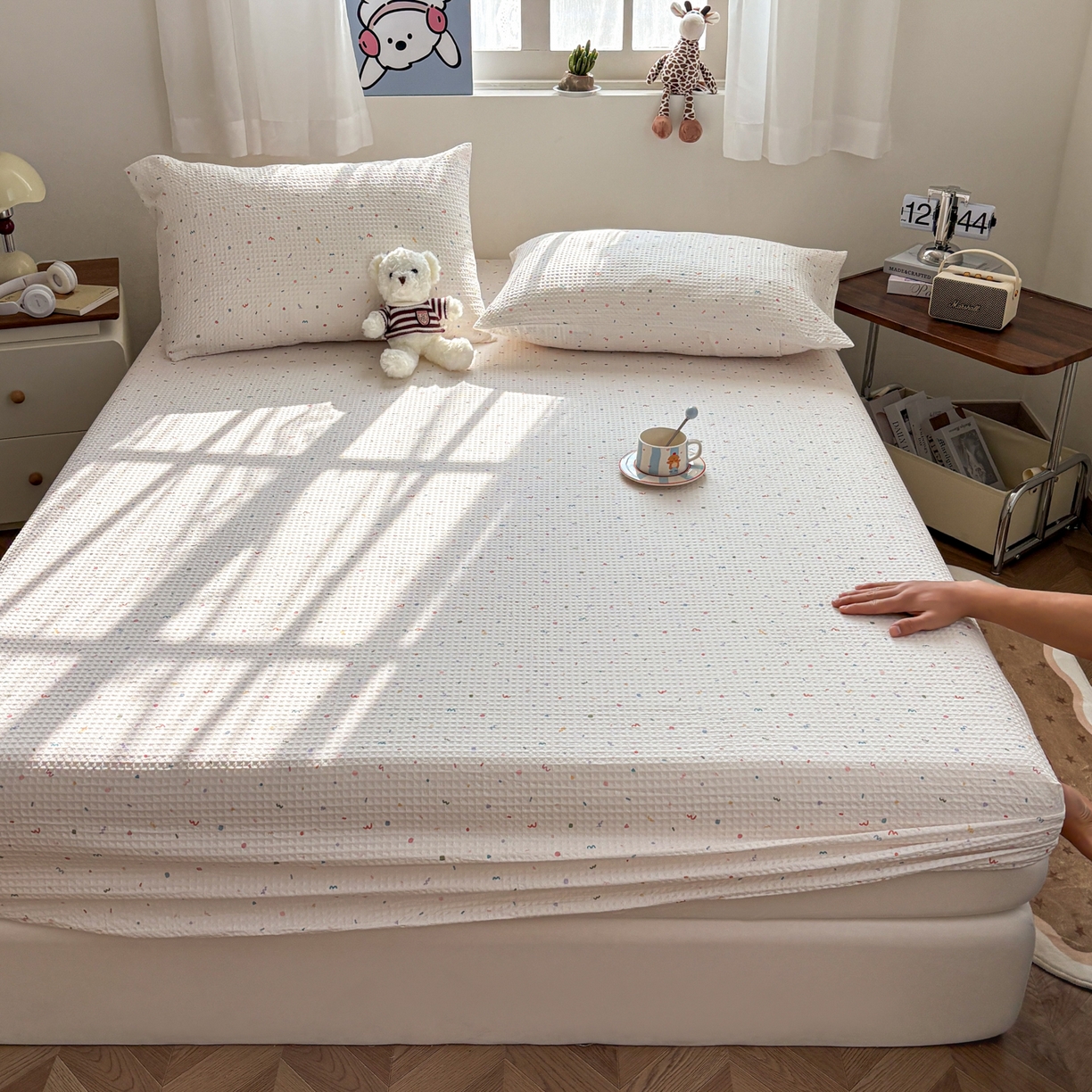 91家纺网 家纺一手货源 找家纺 居眠 2026新款全棉印花华夫格床笠 彩带条